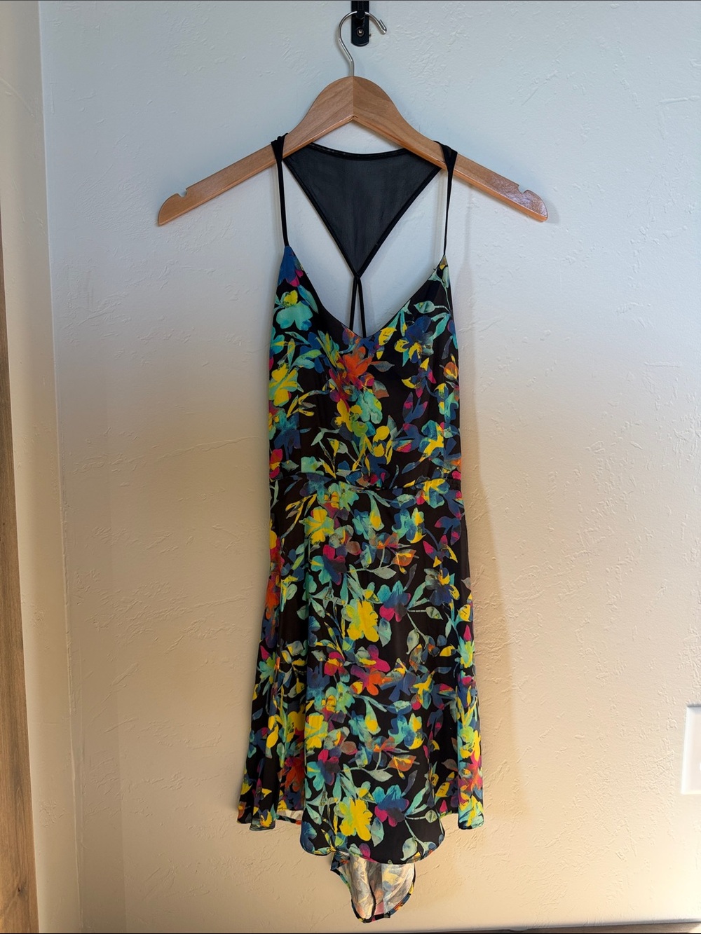 Parker Black Floral High-Low Slip Dress with Mesh Back
